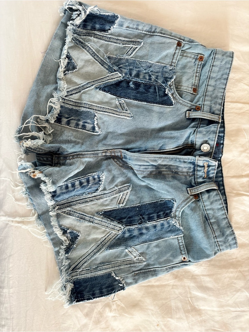 Lucky Brand size 8 Denim Patchwork Frayed Hem Women's Jean Shorts - Light Blue
